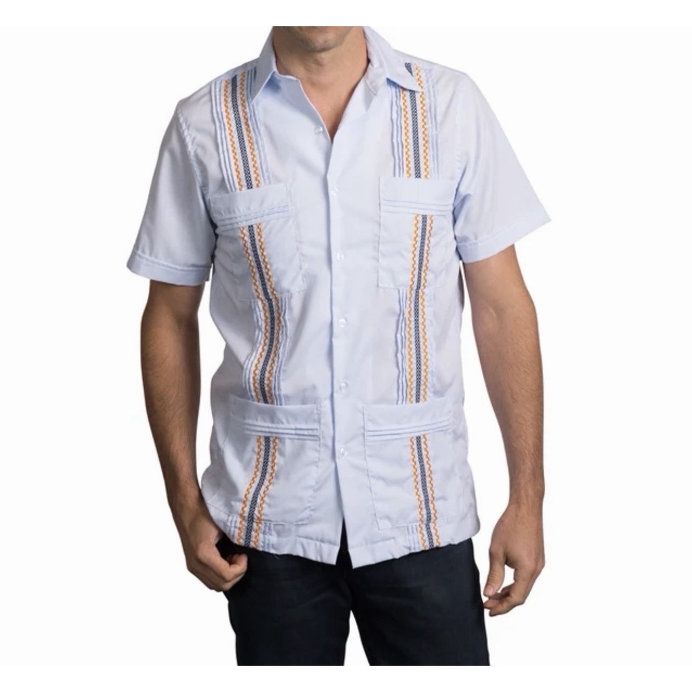San Cristobal Classic Short Sleeve 4-Pocket Guayabera Blue Go Stros Size S